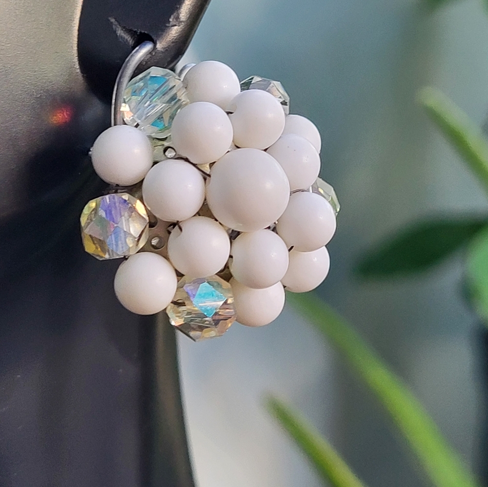 Vintage AB and White bead Clip On Earrings